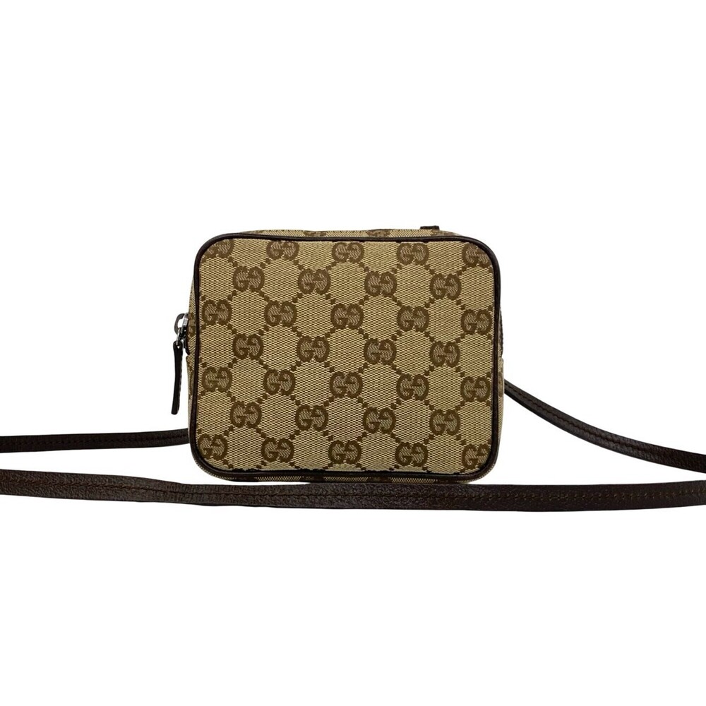 GUCCI GG Logo Pattern Canvas Leather Mini Small Shoulder Bag Pouch Brown 14183
